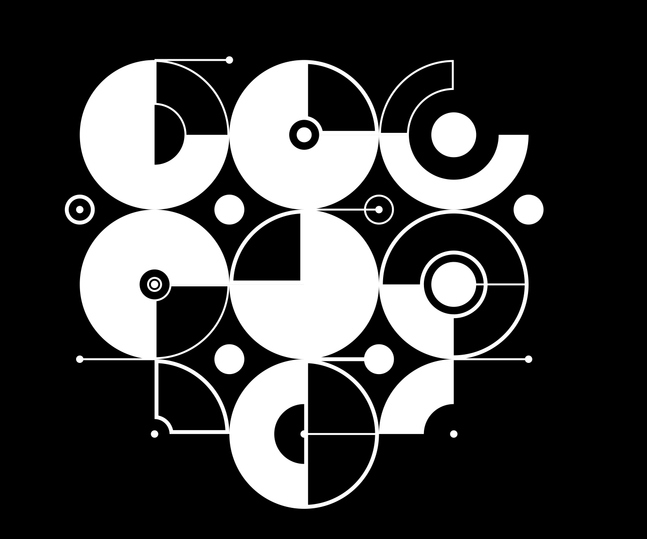 Abstract vector geometric background, tech engineering look like shapes and lines composition over dark, mechanical engine industry style, black and white.